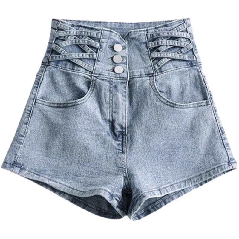 Women's Light Blue High-Waist A-Line Denim Shorts: 2025 Korean Summer Style, Elastic Waist, Casual Black Wide-Leg Design