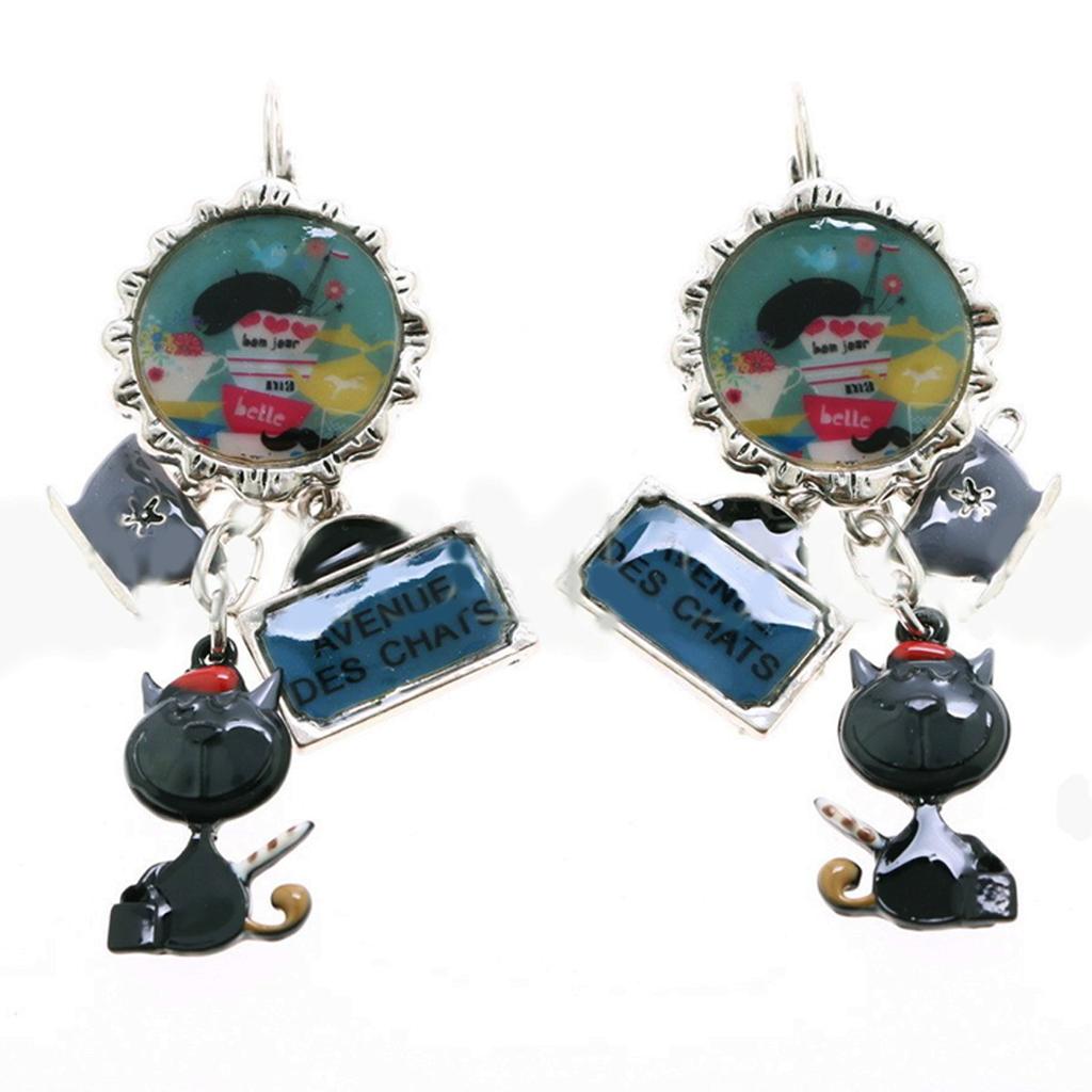 Les Trésors De Lily [R6174] - Dormeuses créateur 'Lilipoupettes' (chats) vert gris - 55x20 mm