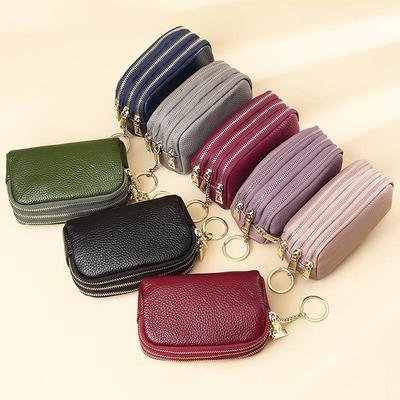 Europäische & Amerikanische Echtes Leder Mini Clutch: Einfache Mode Drei-Reißverschluss Münz- & Schlüsseltasche