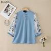 ZANZEA Damen Casual Stehkragen Print Patchwork 3/4 Ärmel Bluse