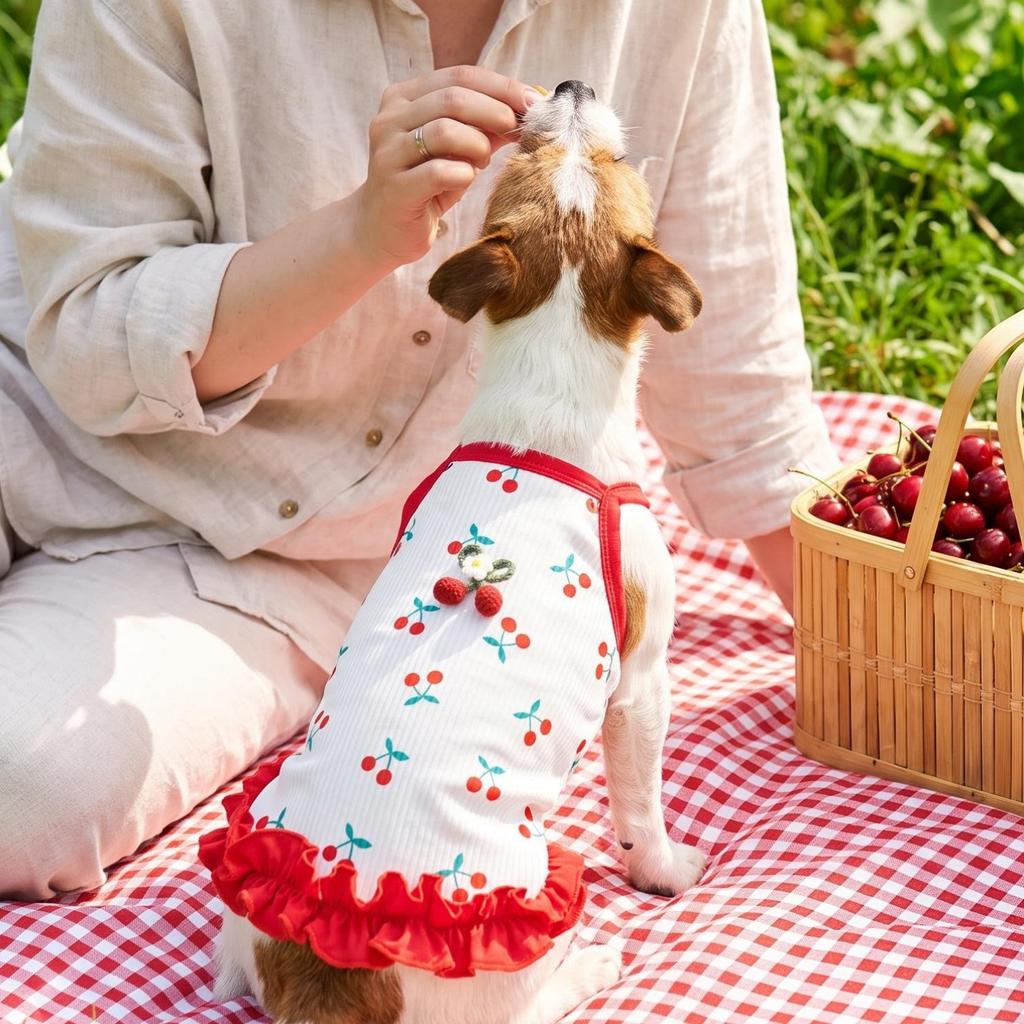 1PC   Striped Pet Dog Suspender Dress with Pink Bow Decor, Breathable Rib Knit Ruffle Hem Puppy Princess Skirt