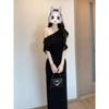 Light and Mature Style Black Slanted Shoulder Dress, Girlish Temperament Waist Long Dress, Zixia