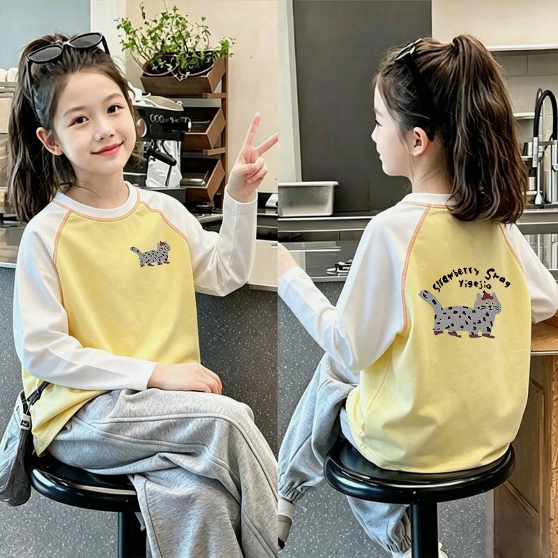 Korean Style Girls' Color Block Long Sleeve T-shirt, 2026 Spring/Autumn, Medium & Large Sizes, Casual Pure Cotton Base Layer
