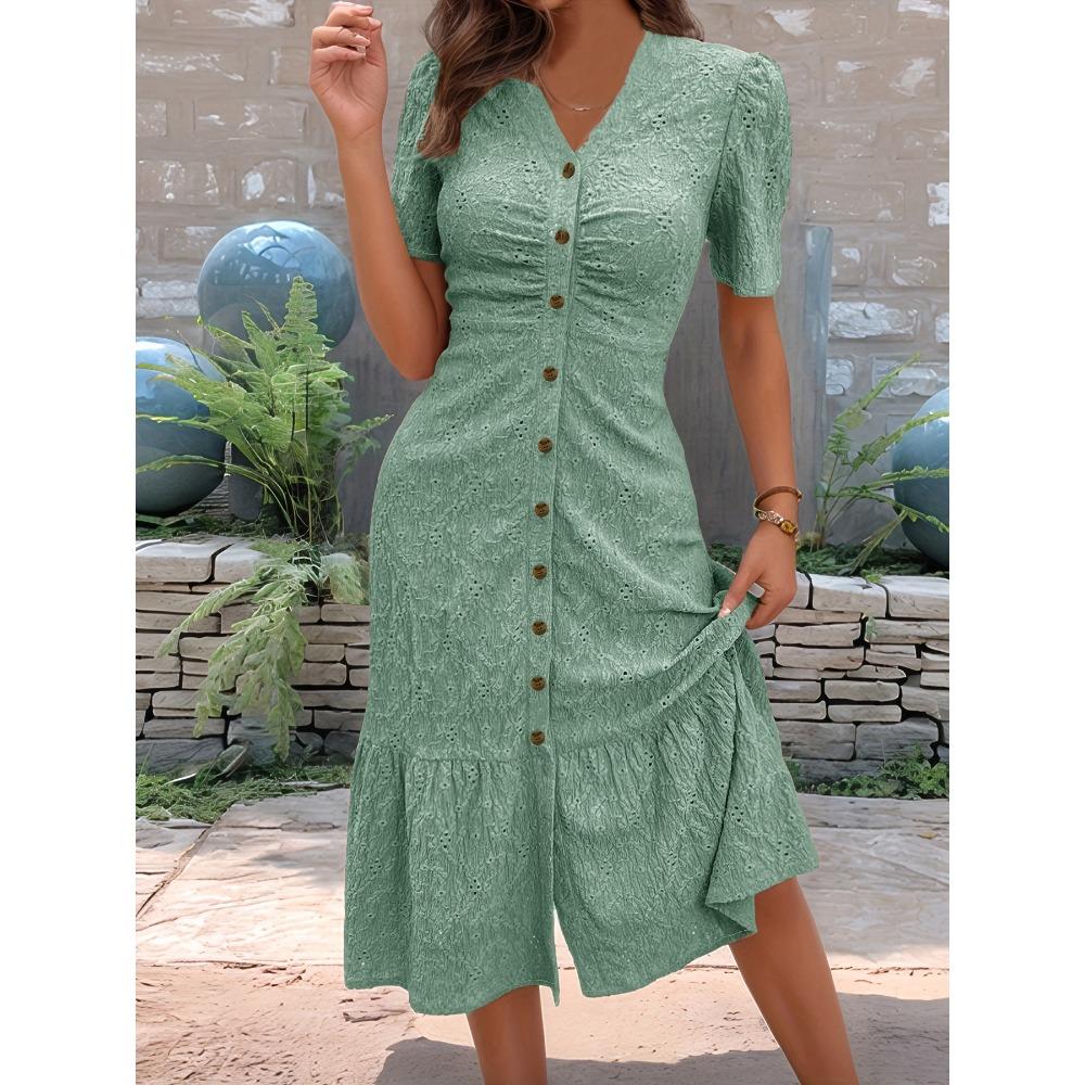 Damen V-Ausschnitt Kurzarm Knopfleiste Midi-Kleid mit Rüschensaum für Sommerliche Freizeitkleidung