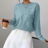 Women's Crew Neck Long Sleeve Knit Sweater Loose Fit Elegant 3D Floral Hook Embroidery Solid Pullover Blouse