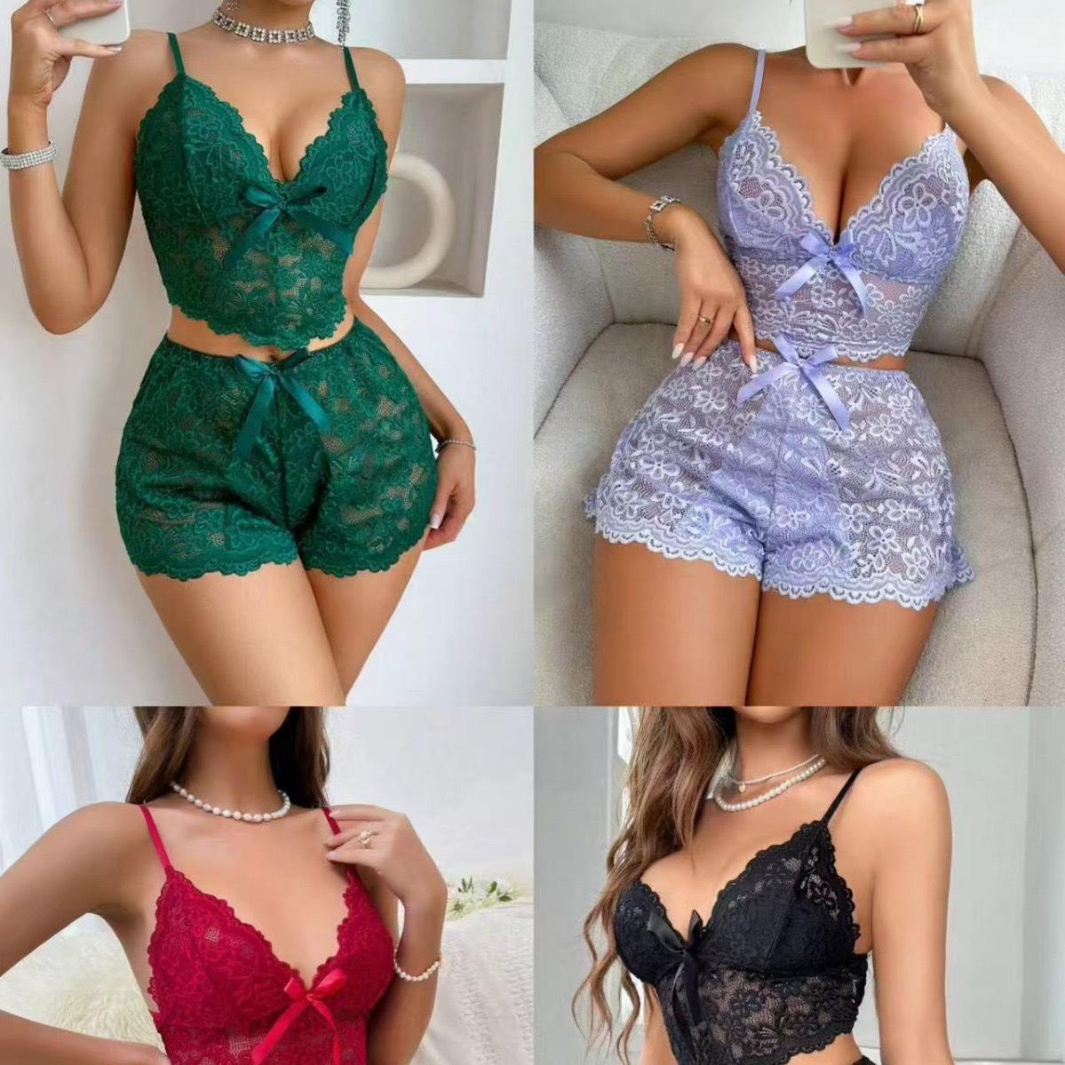 Hot-Selling European & American Deep V Lace Sling Bra and Trim Shorts Set XL зелёный