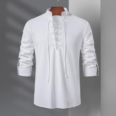 Spring Men Shirt Lace-up Strap Stand Solid Color Retro Long Sleeves Collar Hippie Casual Beach Style Pullover Mid Length