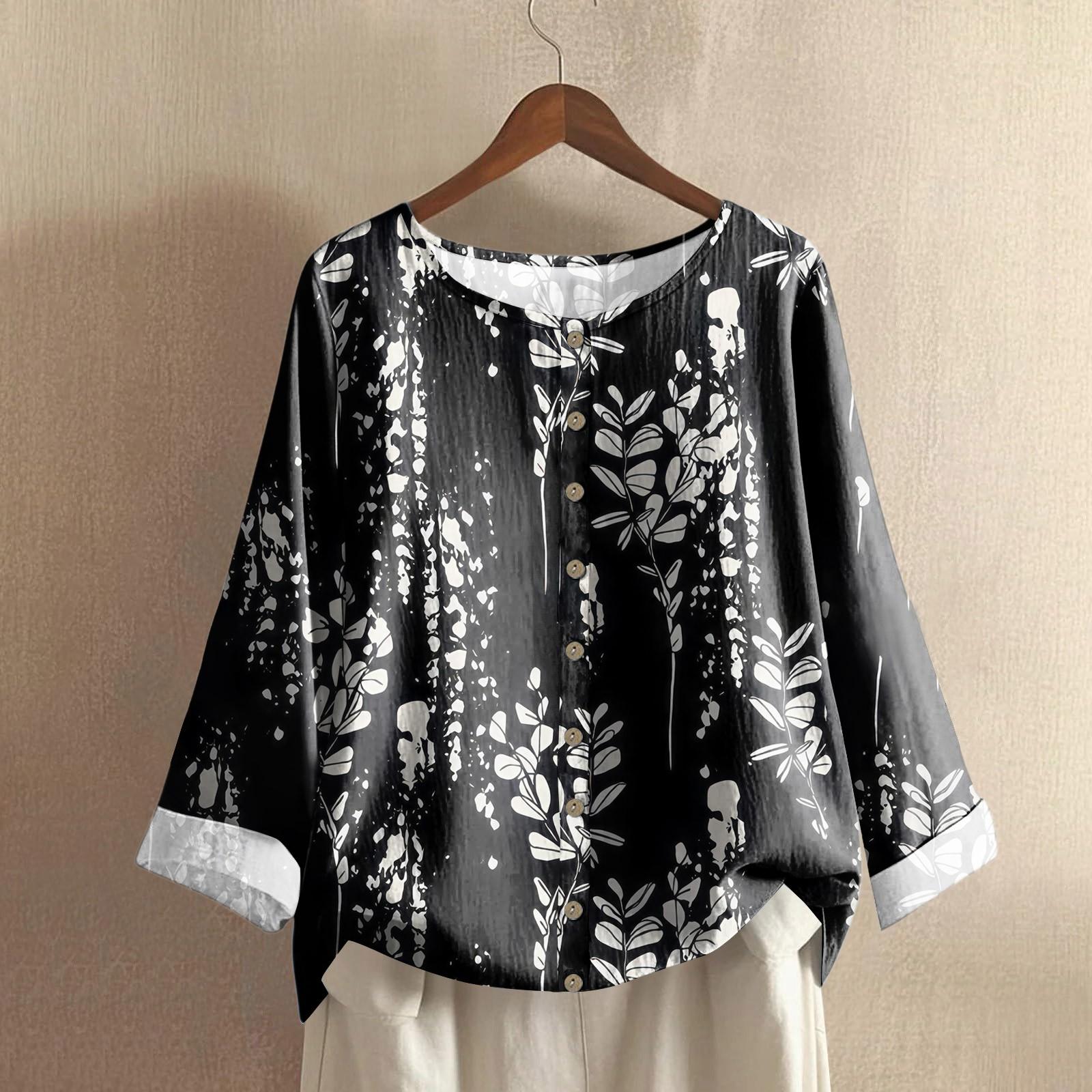 

Women s Casual Long-sleeved Round-neck Retro Gradient Printed Cotton And Linen Top L чорний