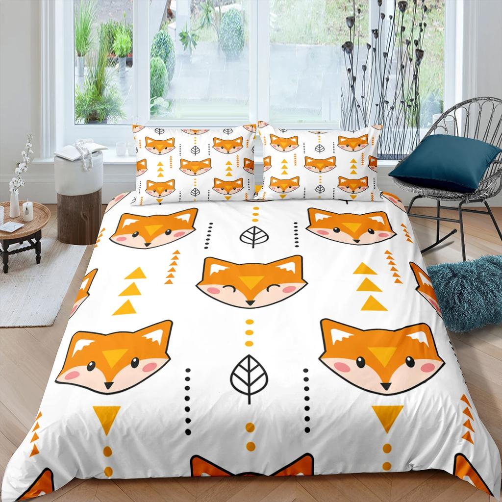 Cartoon Fox King Queen Duvet Cover Lovely Orange Animal Floral Bedding Set Kids Girls Flowers Plant 2/3pcs Polyester Quilt Cover
