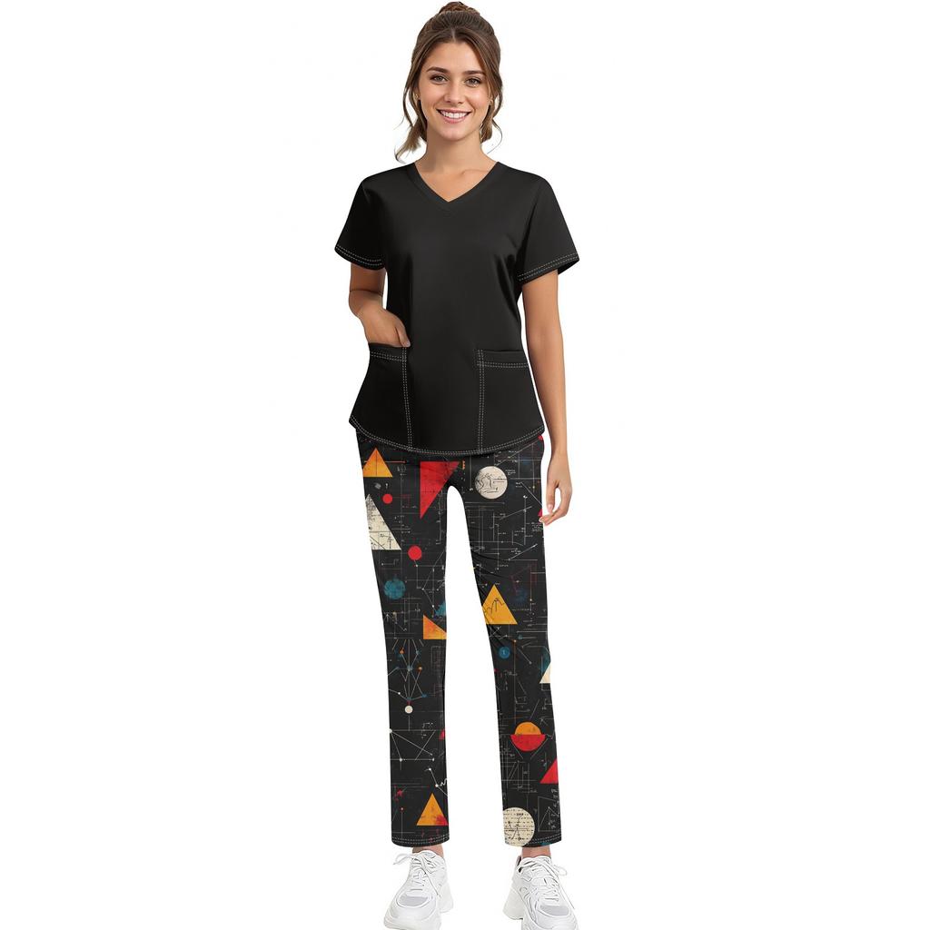 Plus Size Printet Arbejdsuniform Toppe Til Kvinder med Kryds V-Hals Halloween Print Korte Ærmer Sjove T-shirts Arbejdstøj T-shirt Med Lommer