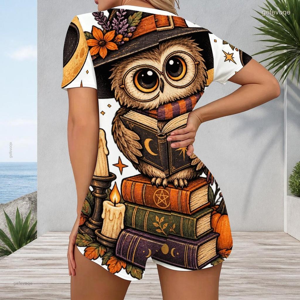 Women Plus Size V Neck Short Sleeve Button Front Raccoon Pumpkin Print Short Romper