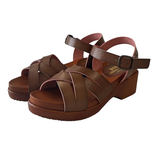 maRe maRe Women s Sandals, Comfortable to Walk in, Thick Heel, Made in Japan, Soft Sole, Wood-Like Ankle Strap, Size M, Oak
