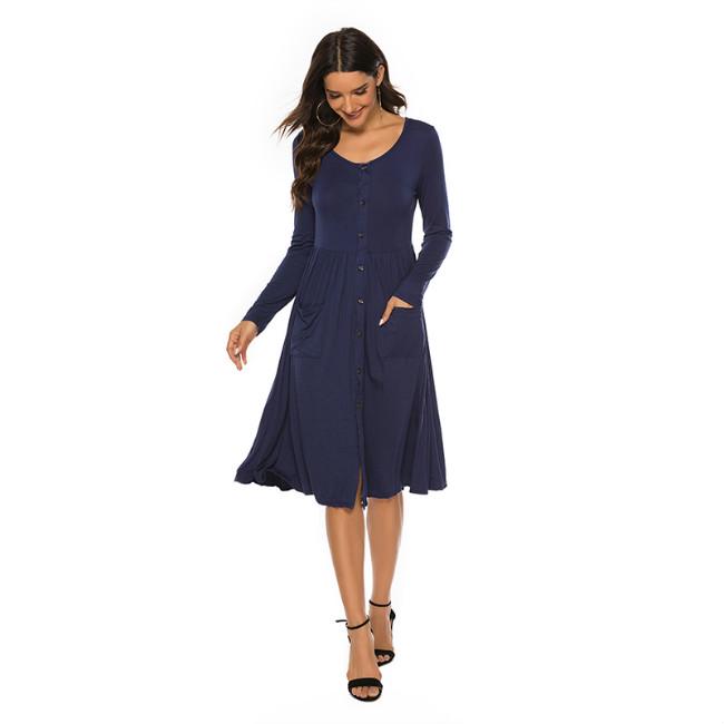 Women Fashion Round Neck Long Sleeve Button Slim Dress Casual Dress