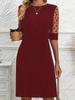 2025 Summer Women's Hepburn Style Lace Patchwork Dress - French Mid-Sleeve Round Neck