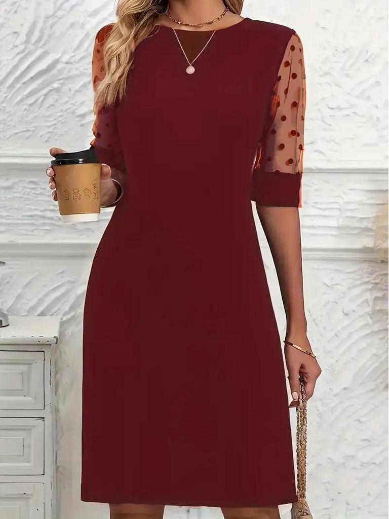 2025 Summer Women's Hepburn Style Lace Patchwork Dress - French Mid-Sleeve Round Neck
