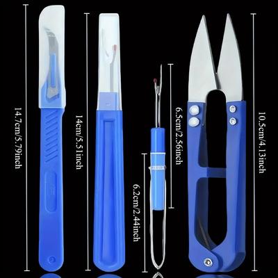 4pcs Blue Sewing Seam Ripper Set with Thread Cutter, Handle Needlework Tool and Scissors - Essential DIY Sewing Craft Tools