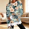 Dame Sweatshirt med Blomstertryk og Rund Hals med Skåret Bølget Kant Langærmet Pullover Top