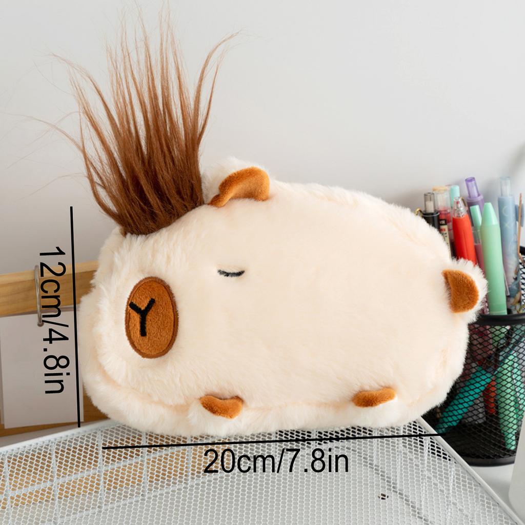 Cute Capybara Plush Pencil Case Large Capacity Spiky Hair Zipper Pen Pouch For Teens Students School Travel Makeup Storage Bag