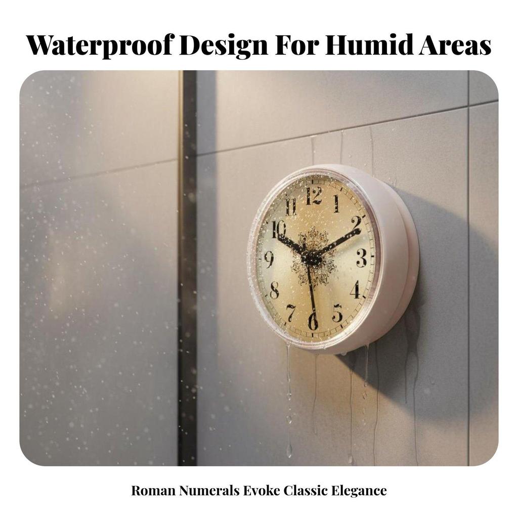 Bathroom Waterproof Suction Clock Silent Non Ticking Retro Roman Numeral Wall