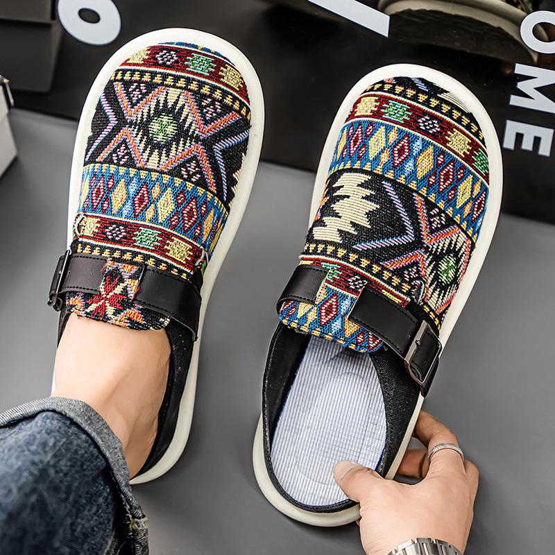 Large Size 46 47 Tribal Mules Man Backless Loafers Slipper Half Shoes For Men Slides Mens Slip On Flats Semi-Drag Casual Shoes