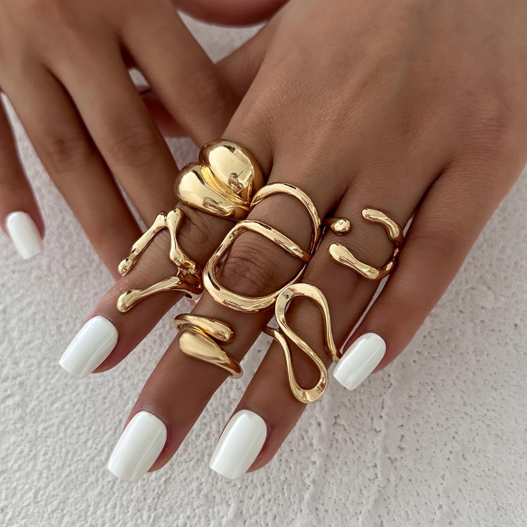 Salircon 6Pcs/set Vintage Irregular Gold Color Open Ring for Women Classic Geometry Smooth Metal Finger Ring Couple Jewelry Gift