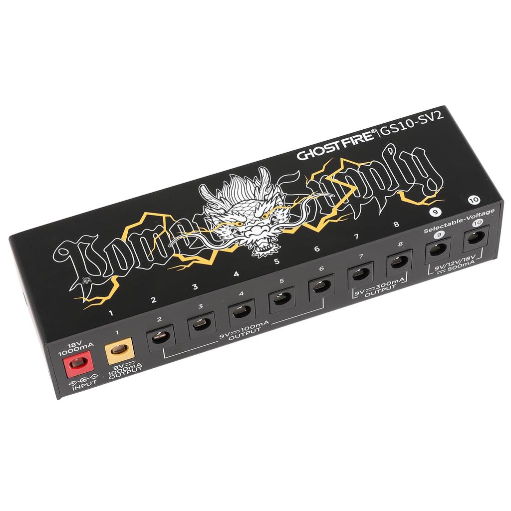 GHOSTFIRE Effector Power Supply 10 Channel Power Supply Short Circuit Protection DC for Guitar Effector Low Noise with Cable 9V/12V/18V GS10-SV2