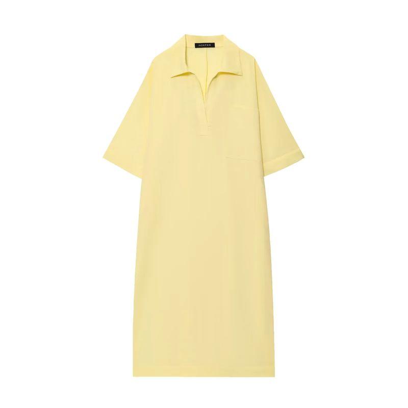 

Summer Women clothes Casual Style Hem Side Slit Lapel Linen Blend Long Sweater Type Dress 2731078 Light yellow L