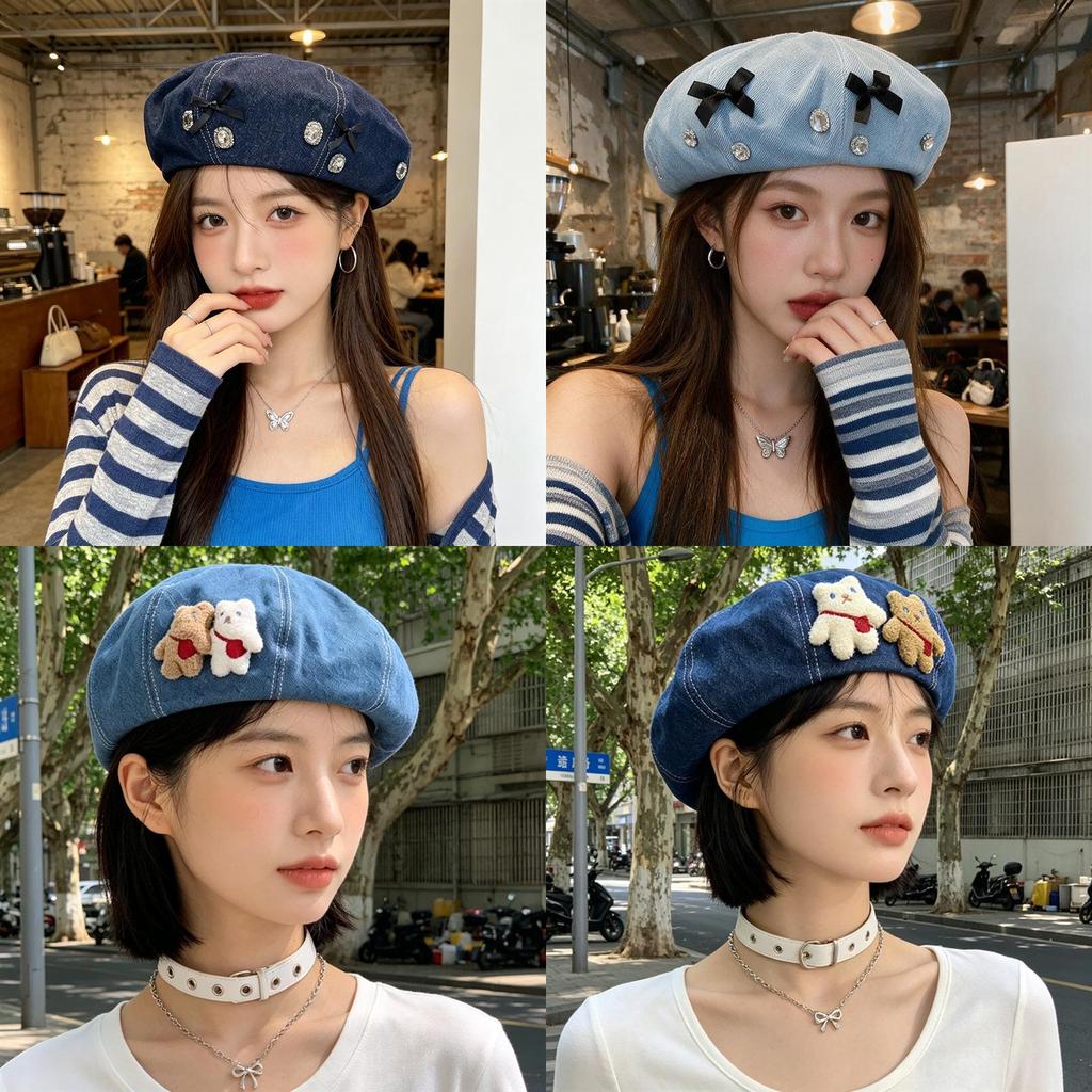 Bear Denim Beret Hat With Adjustable Fit For Casual Women Summer Style