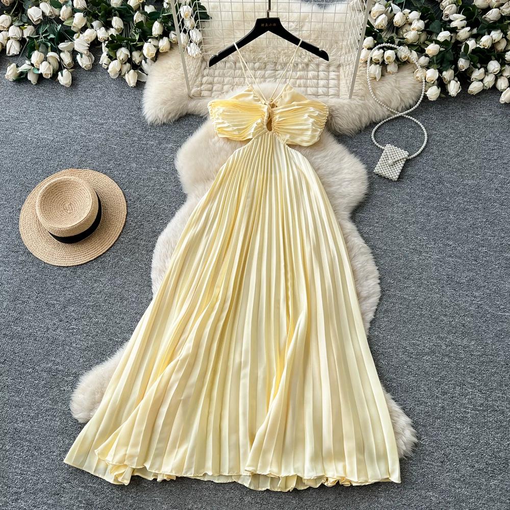 Women s Seaside Vacation Long Maxi Dress Sexy Halter Backless Lace-Up Hollow Out Pleated Beach Dress S