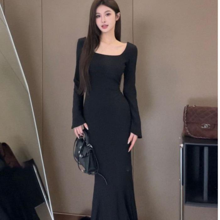 Atmospheric Korean-Style 2025 Black Fishtail Dress for Women