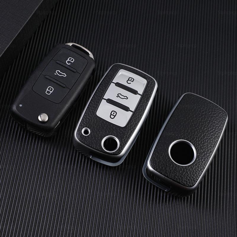 Leather+TPU Car Remote Key Cover Case Fob For Volkswagen VW Bora Polo Tiguan Jetta Passat B5 B6 B7 Golf Beetle For Skoda Octavia