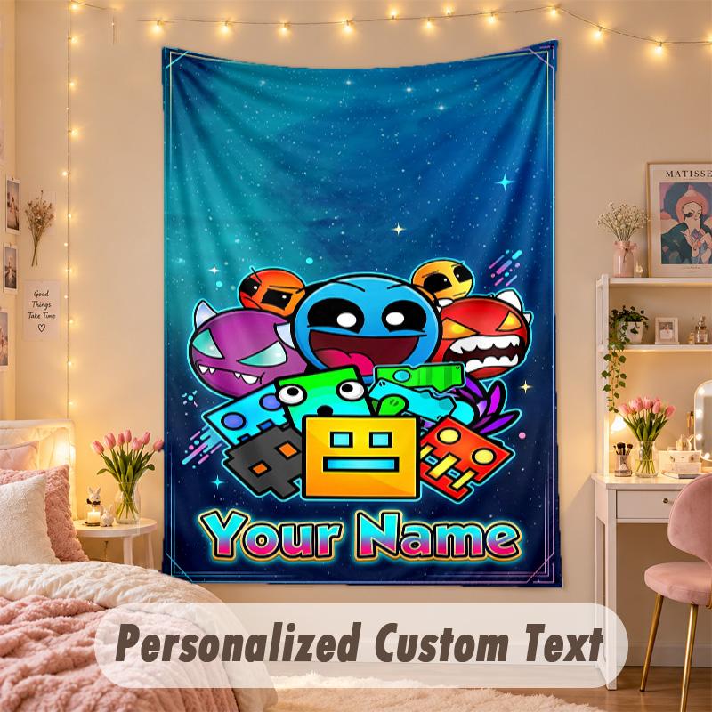 Arazzo Personalizzato su Misura, Stampa Geometry Dash Testo con Nome Personalizzato Arte da Parete da Appendere per Camera da Letto