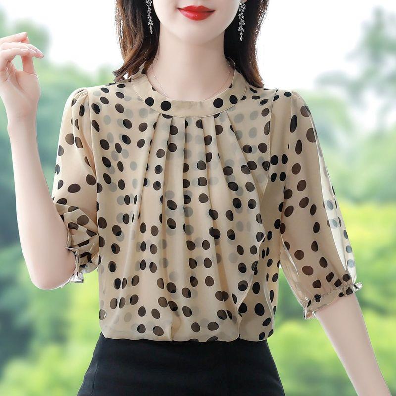 Women's Clothing Fashion Commute Round Neck Polka Dot Chiffon Shirt Summer New Casual Korean Spliced Half Sleeve Blouse Female