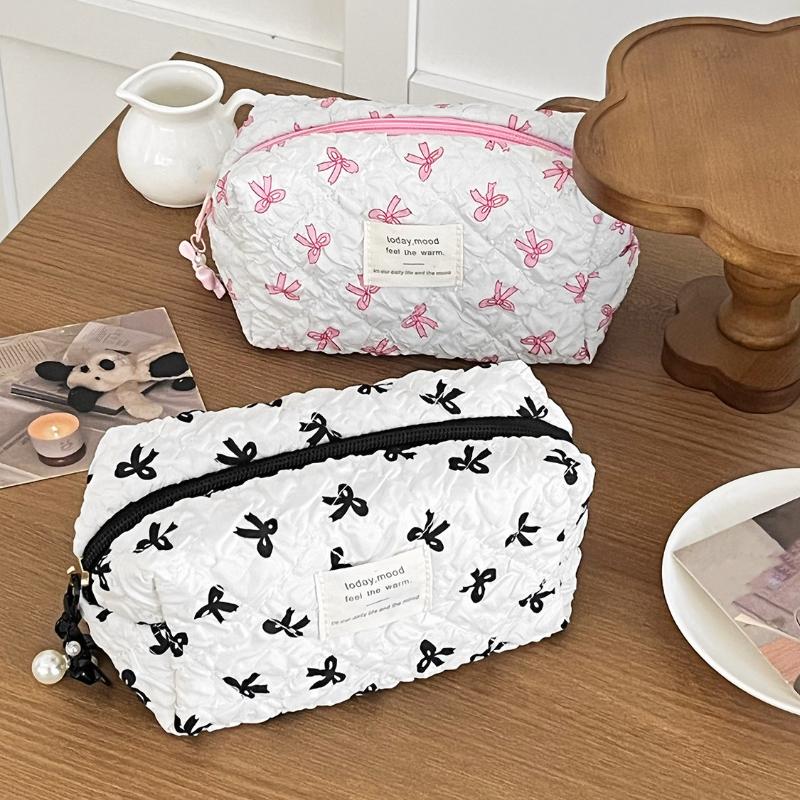 Módny štvorcový dámsky clutch taštička na make-up prenosná roztomilá dámska kozmetická toaletná taštička kabelka so zipsom s potlačou mašle