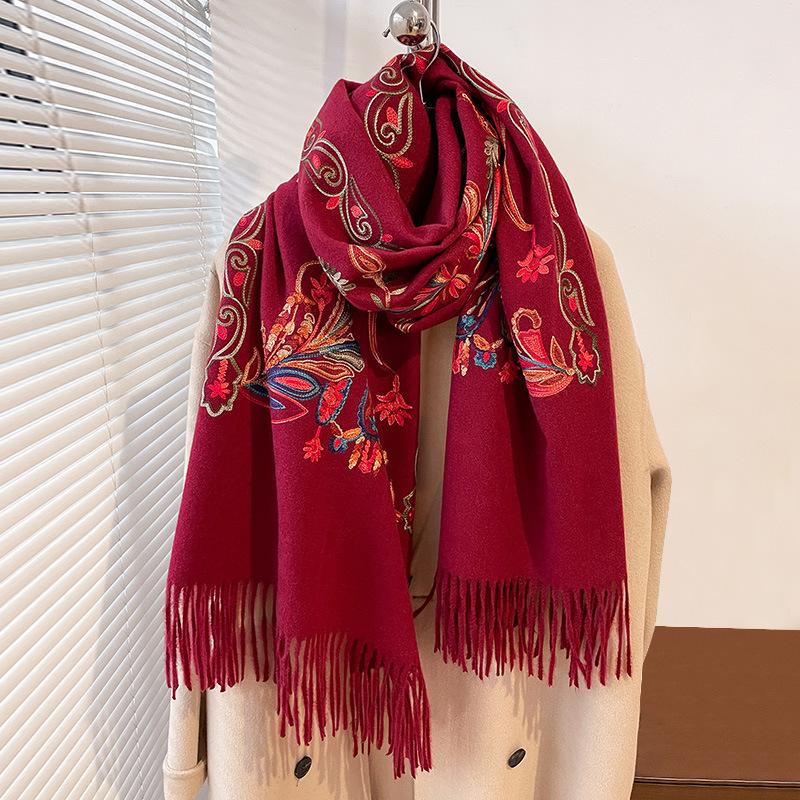 Autumn and winter travel style phoenix tail cashew embroidered imitation cashmere warm scarf ethnic style embroidered fringed shawl