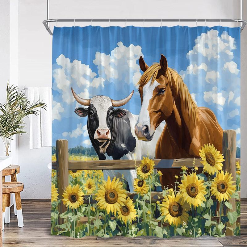 Western Barn Horse Shower Curtains Sunflower Lavender Floral Farmhouse Wooden Door Farm Animal Bathroom Curtain Decor with Hooks