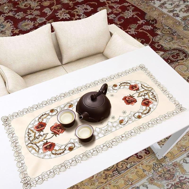 Rural Style Hollow Embroidered Tablecloth, Vintage and Luxurious Red Floral Flower Table Decor, Anti-Wrinkle Wear and Heat Resistant Table Runner