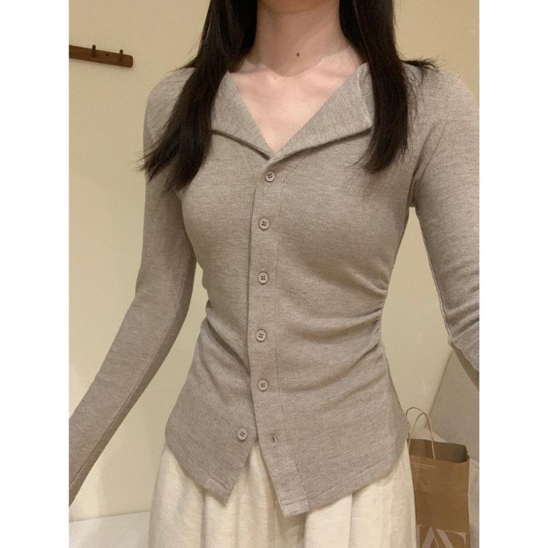 Single-breasted brushed bottom shirt women's autumn and winter slim waist long sleeves inner top lapel versatile knitwear