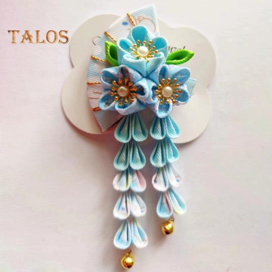 Fan Style Hairpin with Flowers Bells Faux Pearls Decor Japanese Kimono Ancient Style Hair Clip Hair Accessories