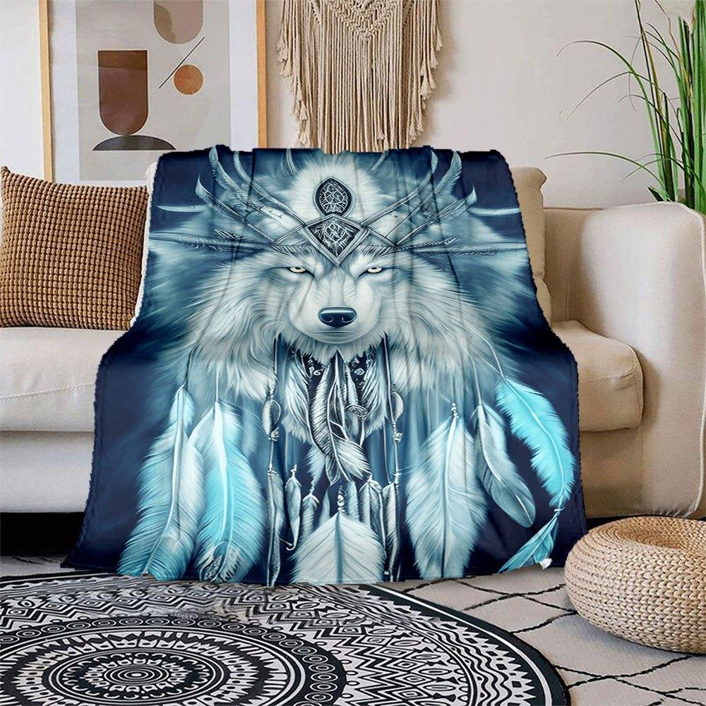 Wolf Spirit Feather Headdress - Mystical Tribal Headpiece Blanket Flannel Throw Blanket for Sofa, Bed, Travel, Camping, Office, Couch, Chai 150x180cm