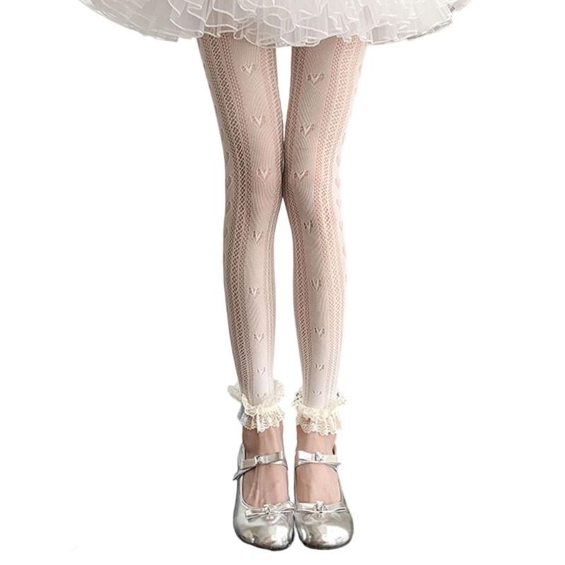 Women Hollowout Heart Pattern Fishnet Tights No Toes Pantyhose High Waist Footless Ruffle Lace Trim Leggings Stockings