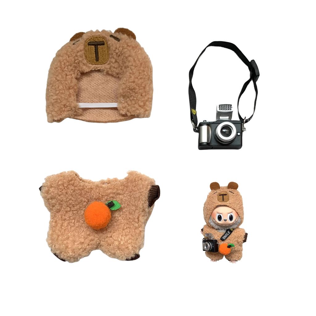 Clothes for Labubu  15-17cm  Plush doll clothing set lbb,  hair band, t-shirt, trousers, 15cm cotton doll bag, dress accessories