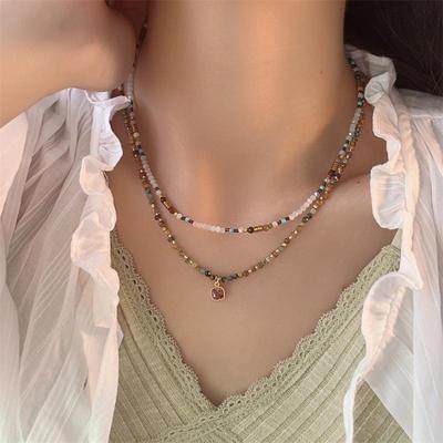 Elegante Collana con Ciondolo Quadrato in Zircone Rosso da Donna - Accessori Retro Catena per Clavicola e Maglione in Pietra Naturale