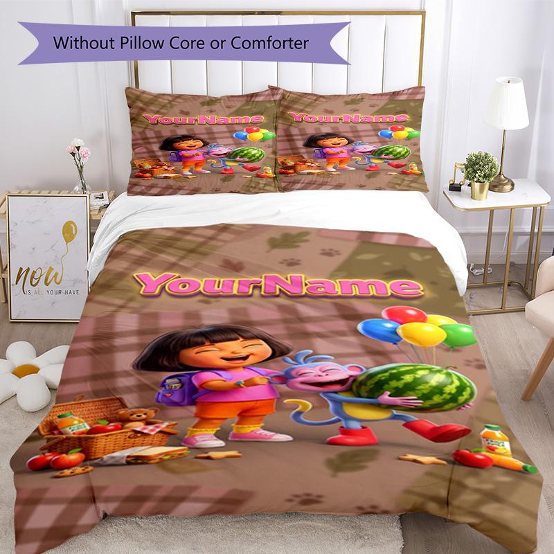 Dora Explorer Customize Your Name Bedding Set Breathable Duvet Cover with Pillowcases Home Decoration Birthday Gift