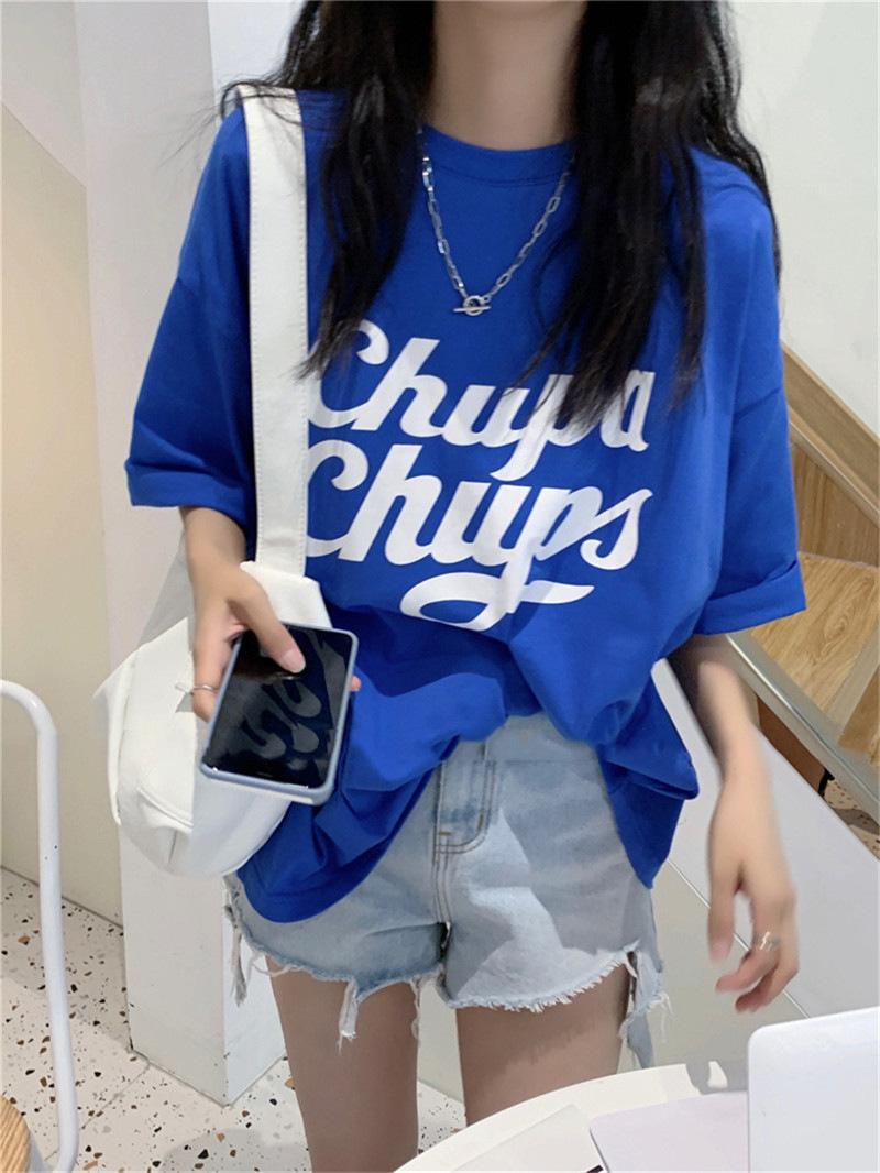 

2025 Summer Blue Cotton Short Sleeve T-Shirt Women s Loose Casual Versatile Printed Medium and Long Top S