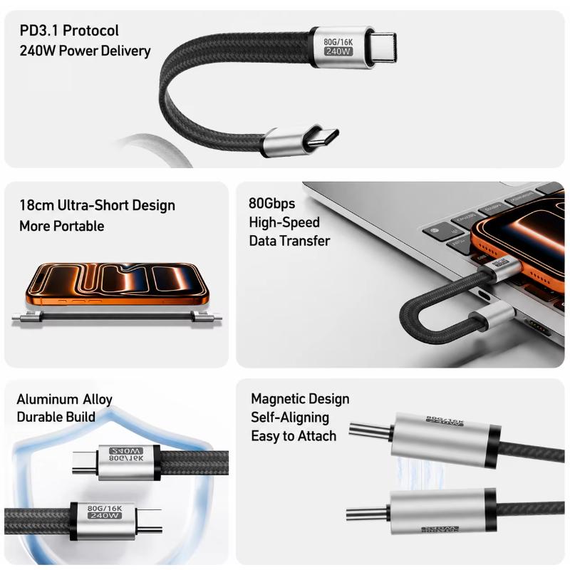 Usb4 80gbps Magnetic Type-c Cable 240w Pd Fast Charging 16k@60hz Short Cord For Macbook Samsung Ssd Dock Thunderbolt 4/5