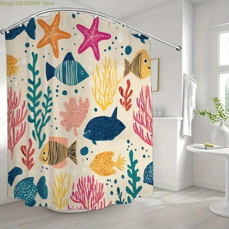 1pc Coral Fish School Shower Curtain, Ocean Theme, Summer Shower Curtain, with 12 Hooks, 180*180cm Bathroom Curtain, Home Deco