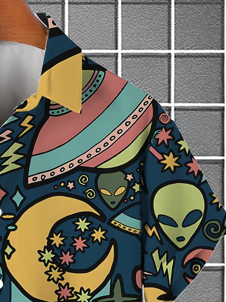 Men's Summer Casual Planet Alien Pattern Print Shirt - Breathable Polyester Fiber, Short Sleeve, Hawaiian Style