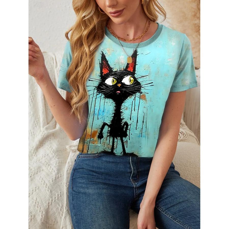 Damen Lustige Tier Katze Prints T-Shirts Kurzarm Tees Tops 3D Drucke O-Ausschnitt Shirt Sommer Lässig Damenbekleidung