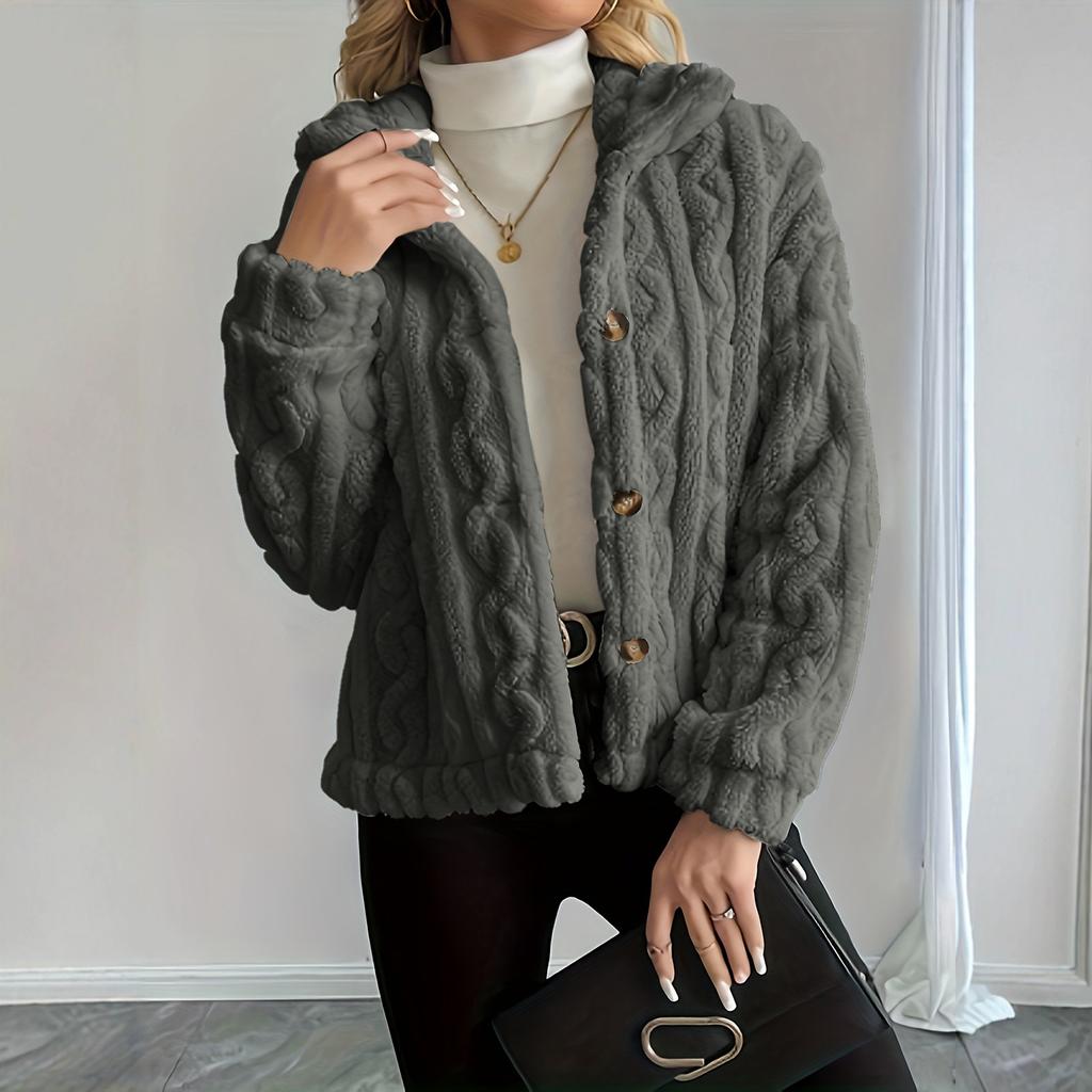Women's Fashion Solid Color Collar Button Long Sleeve Plush Warm Women's Jacket Coat